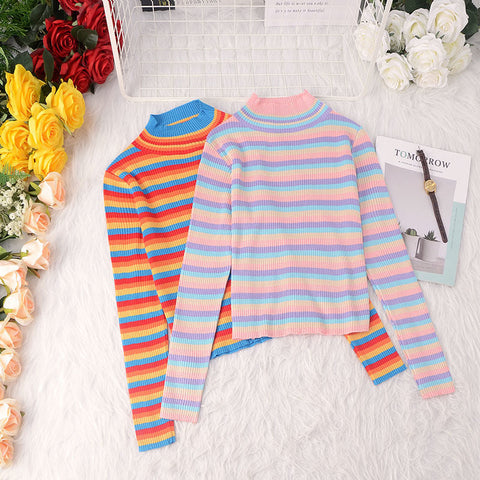 Cute Striped High Neck Slim Sweater