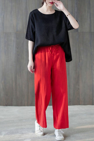 Cotton Linen Elastic Waist Colors Wide Leg Pants