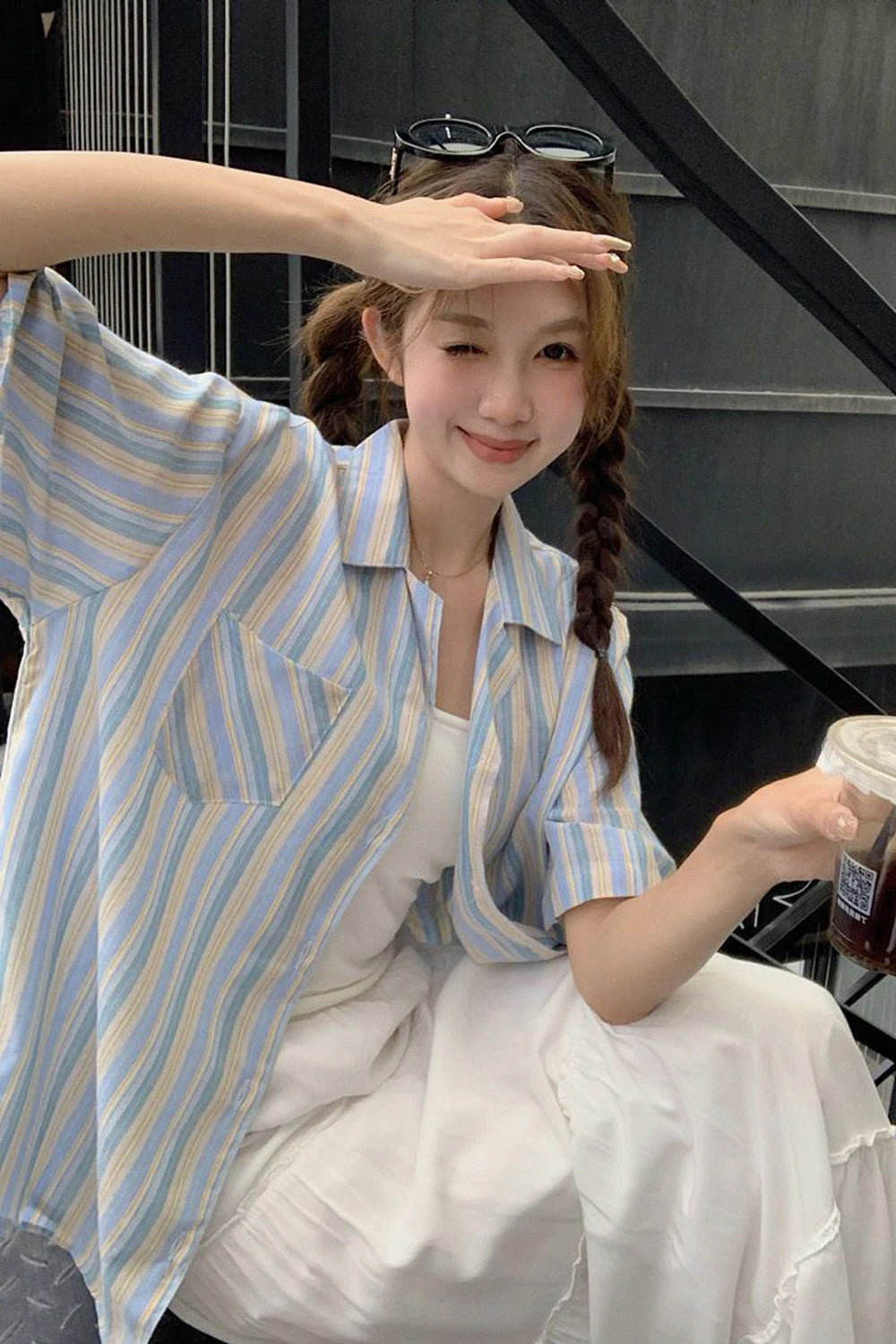 Short Sleeve Blue Striped Vintage Blouse Shirts