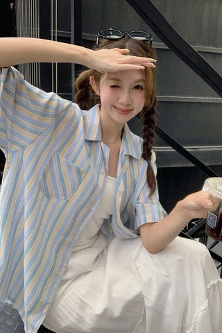 Short Sleeve Blue Striped Vintage Blouse Shirts
