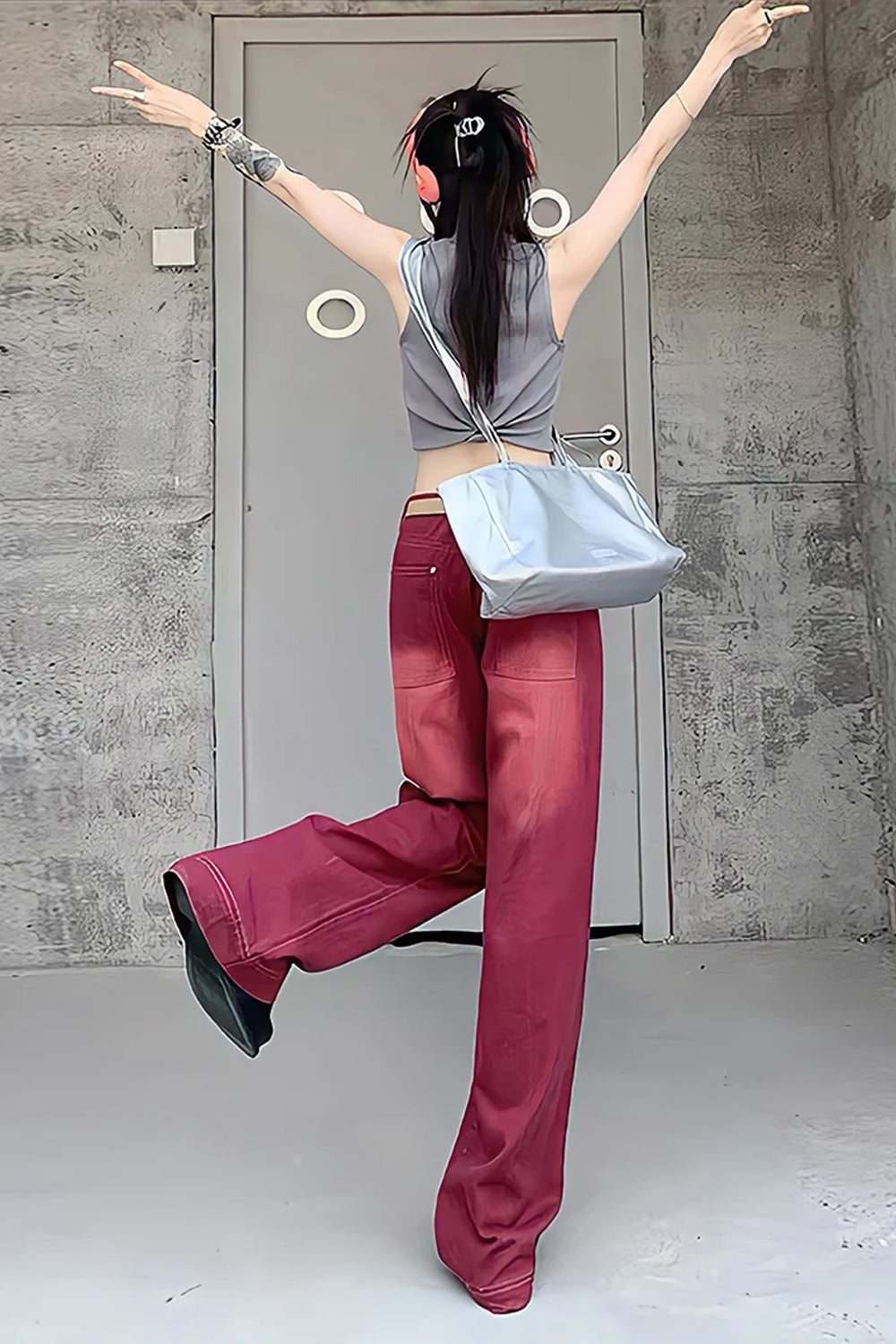 High Waist Retro Washed Red Jeans Pants