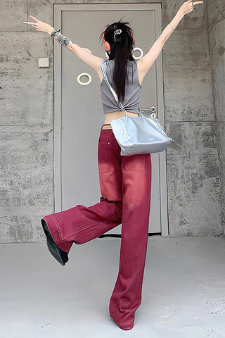 High Waist Retro Washed Red Jeans Pants