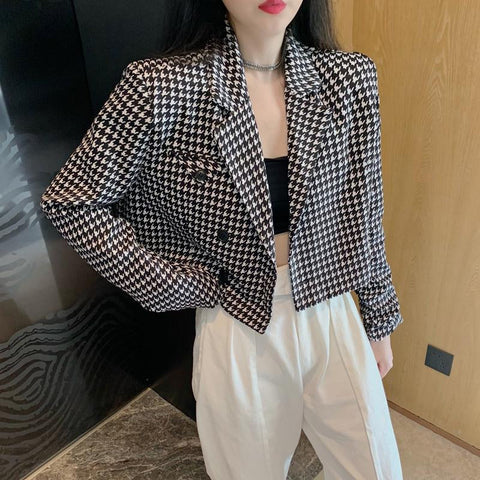 Houndstooth Pattern Notched Blazer Jacket