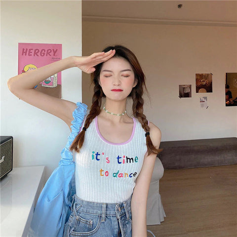 It's Time To Dance Letter Embroidered Knitted Crop Tops