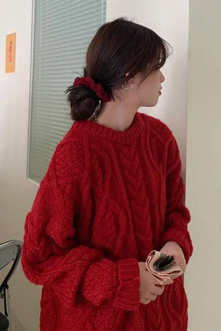 O-Ausschnitt Retro Strickpullover in Rot 