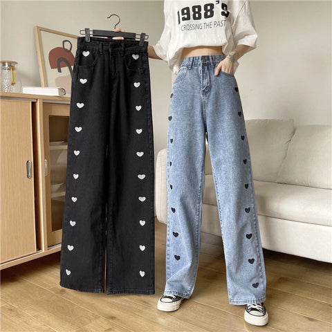 High Waist Heart Embroidered Long Jeans Pants