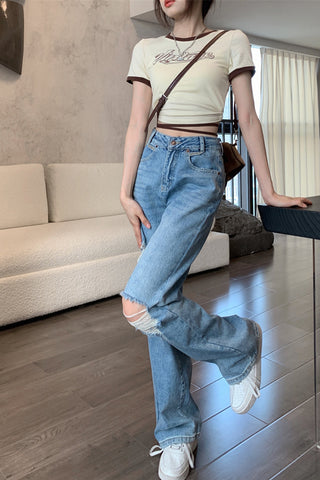 High Waist Ripped Long Jeans Pants
