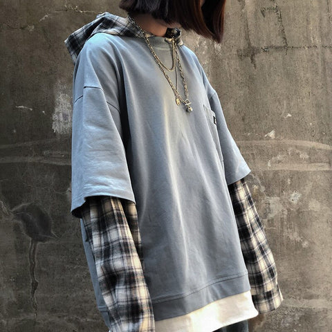 Vintage Loose Plaid Hooded Sweatshirt