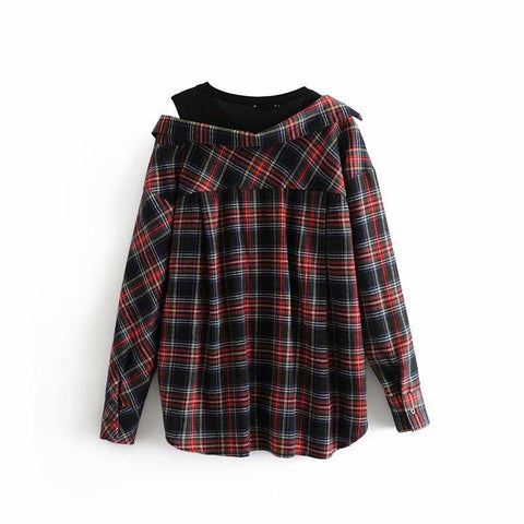 Vintage Women Plaid Irregular Loose Shirt