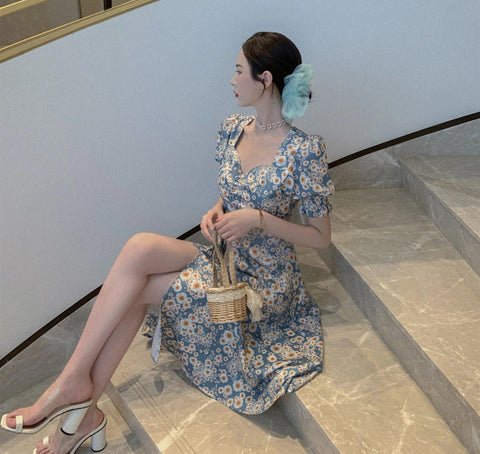 Flowers Pattern Puff Sleeve Split Dress