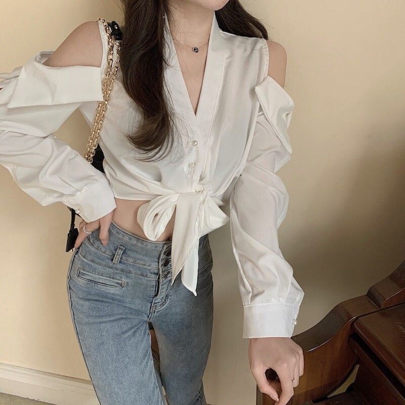Long Sleeve V-Neck Sexy Off Shoulder Blouse Shirt
