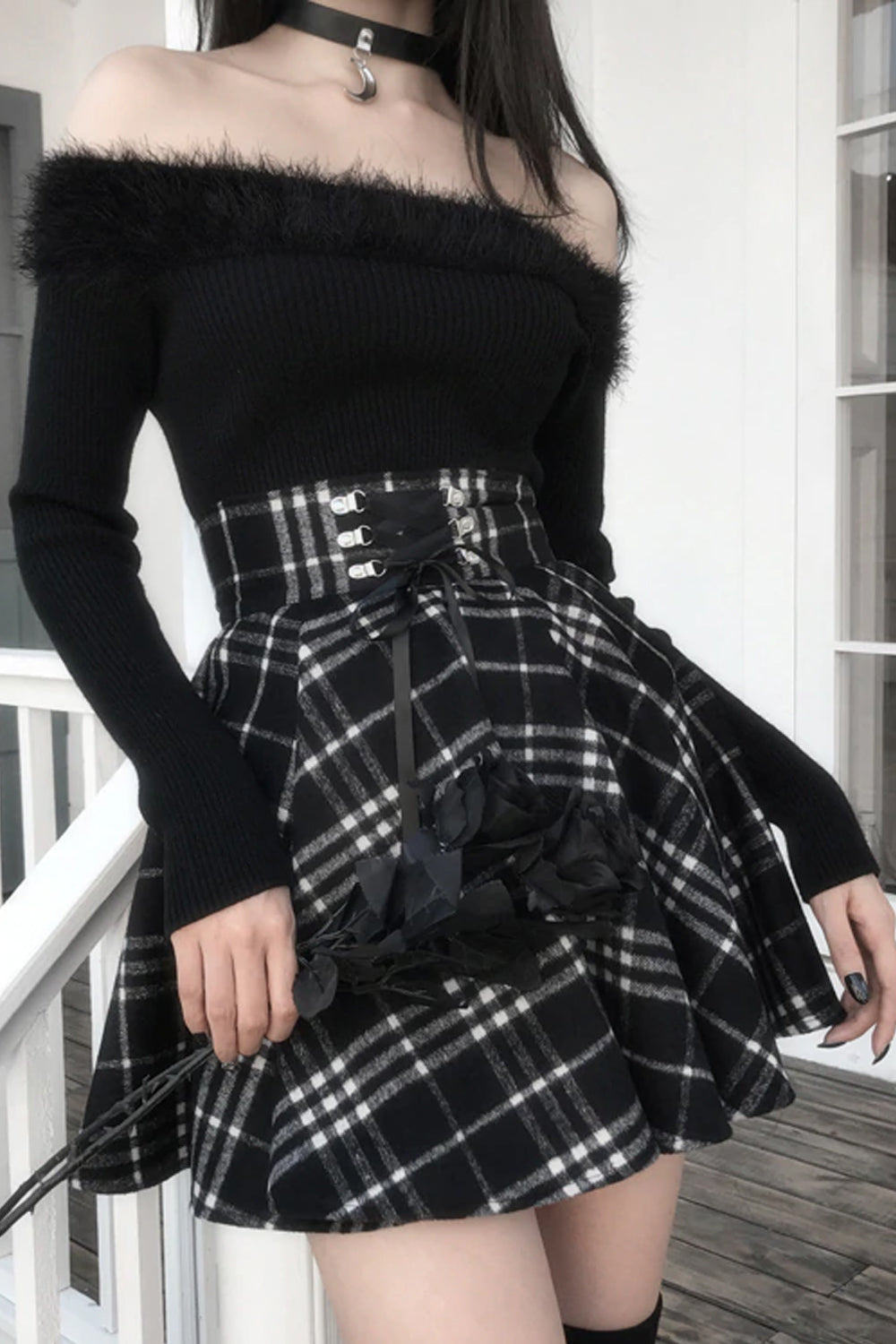 High Waist Lace Up Plaid Gothic Style Skirt