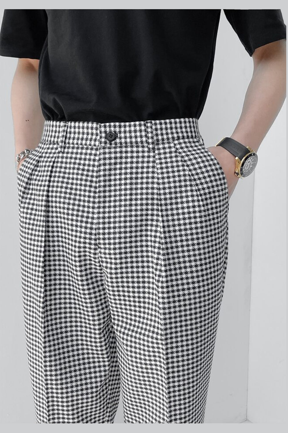 Vintage Elastic Waist Plaid Ankle Length Men Long Pants
