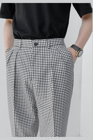 Vintage Elastic Waist Plaid Ankle Length Men Long Pants