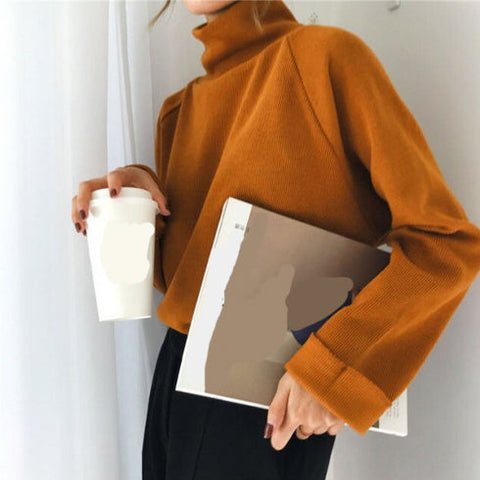 Long Sleeve Loose Solid Turtleneck Shirt