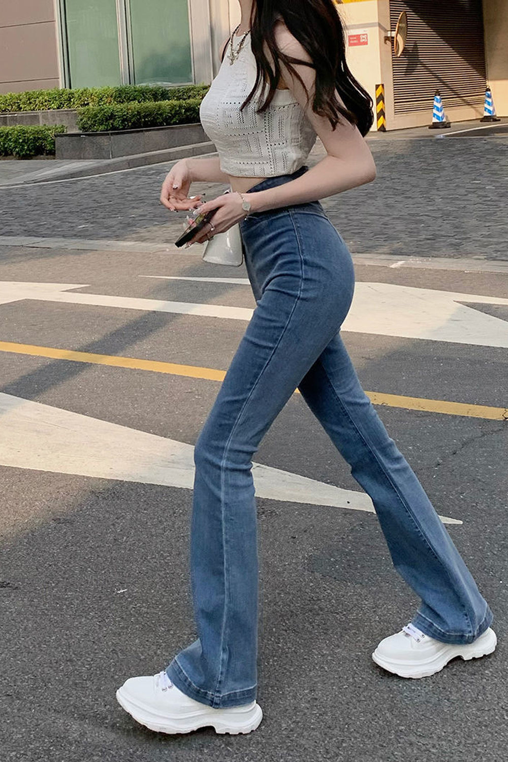 High Waist Asymmetrical Flare Jeans Pants