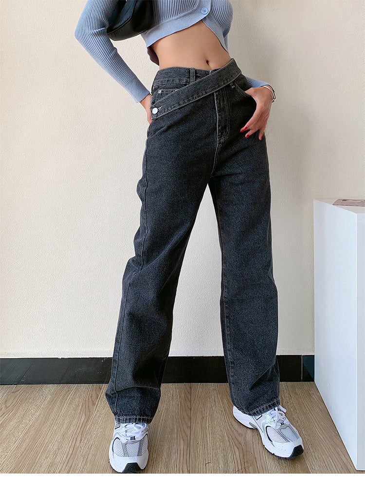 High Waist Irregular Zipper Button Wide Leg Jeans Pants