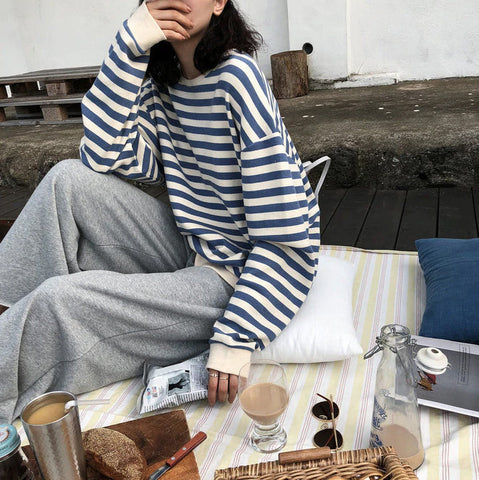 Long Sleeve Retro Striped O-Neck Shirt