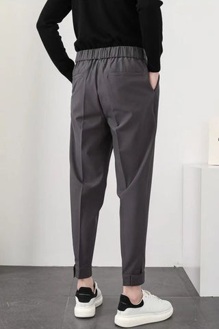 Elastic Waist Slim Pleated Long Men Pants