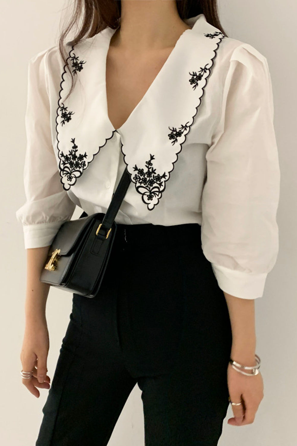 Elegant Floral Embroidered Retro Collar Blouse Shirt