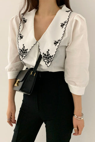 Elegant Floral Embroidered Retro Collar Blouse Shirt