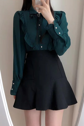 Long Sleeve Cute Bow Tie Retro Office Blouse Shirt