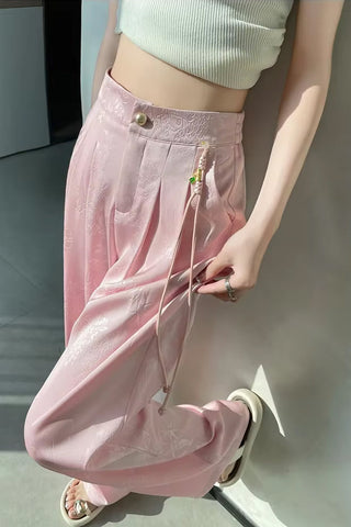 Loose Flowers Pattern Jacquard Satin Pants