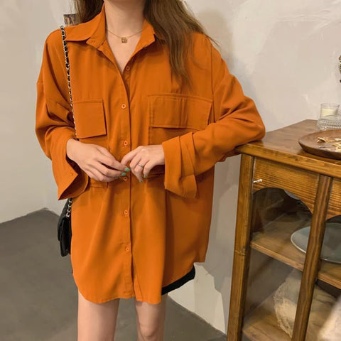 Double Pockets Colorful Loose Blouse Shirt