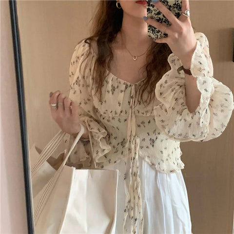 Loose Ruffle Florals Chiffon Sunscreen Blouse Shirt