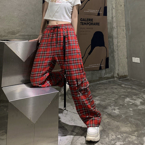 High Waist Red Plaid Hip Hop Loose Pants