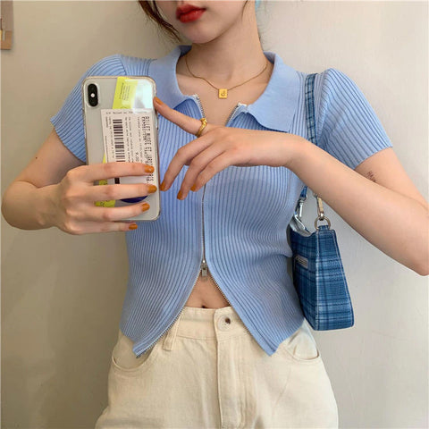 Short Sleeve Zipper Knitted Slim Shirt