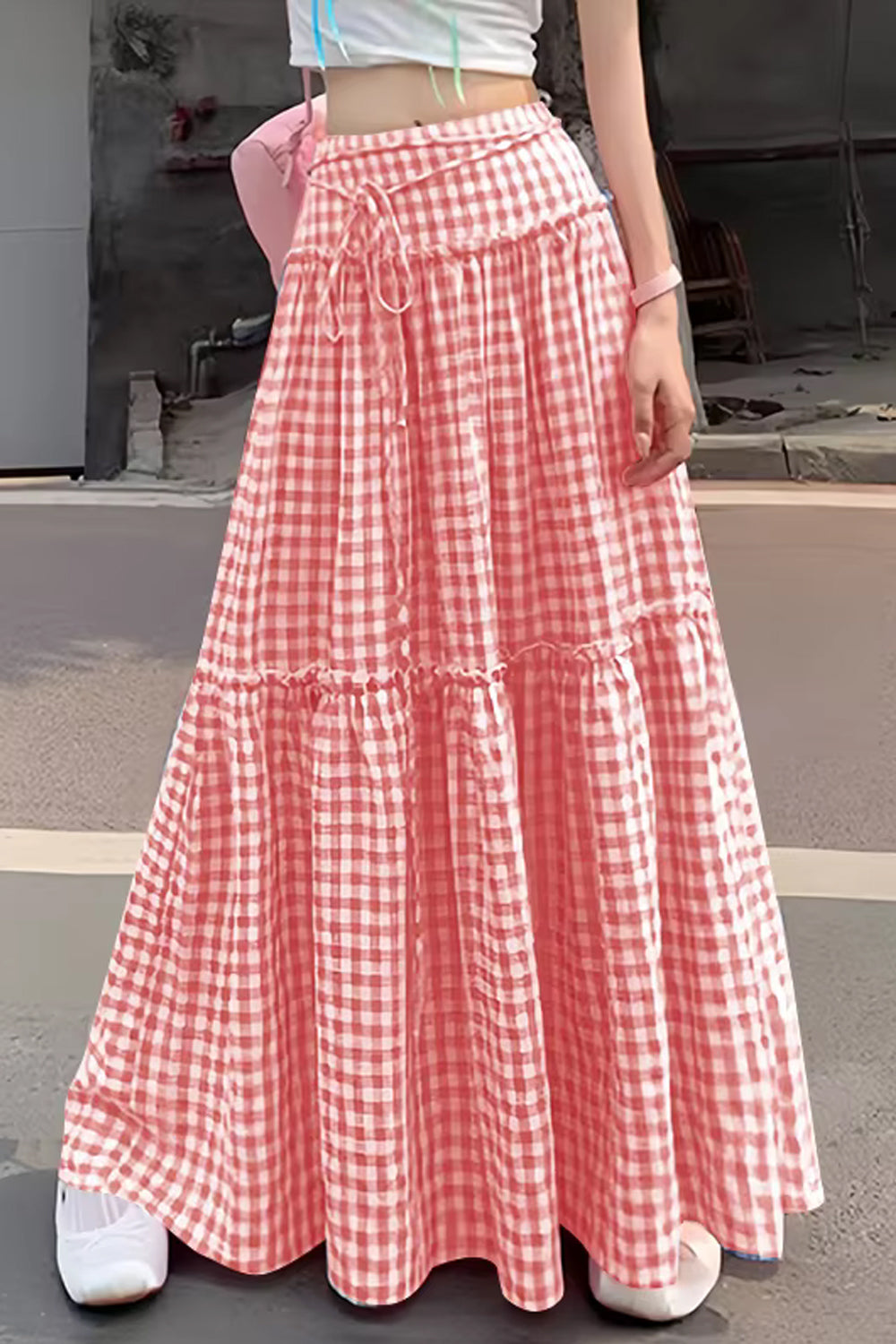 High Waist Lace Ruffled Plaid Maxi Skirts