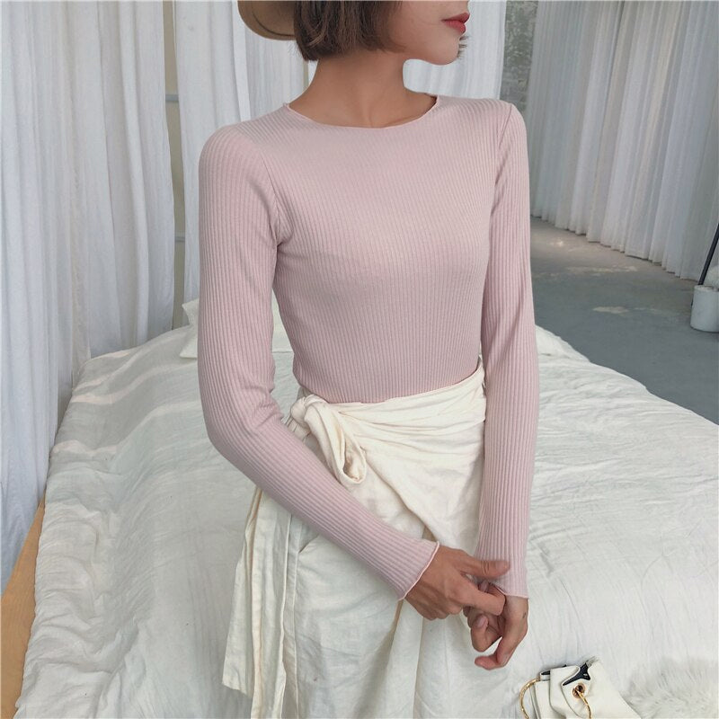 Ruffled Style Long Sleeve Bodycon Ribbed Shirt