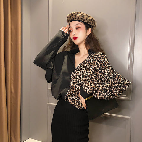 Half Leopard Combination V-Neck Blouse Shirt