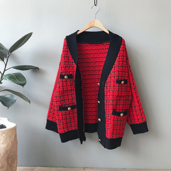 Knitted Plaid Cardigan Coat