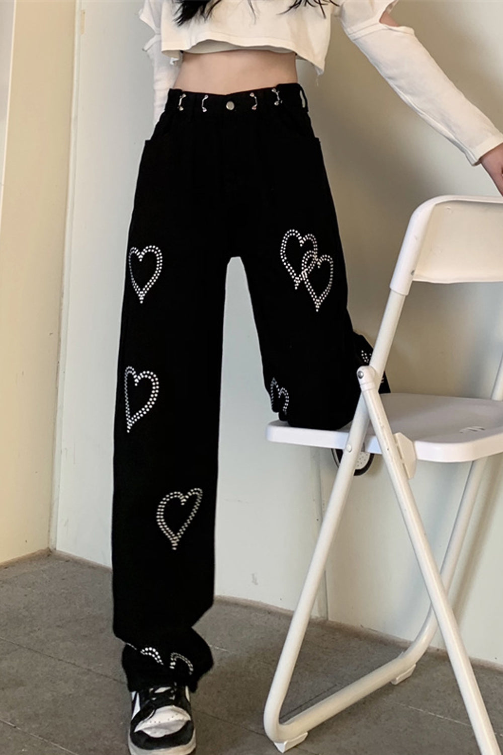 High Waist Heart Pattern Black Long Jeans Pants