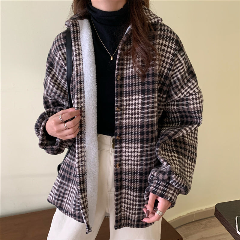 Loose Long Sleeve Plaid Thicken Shirt