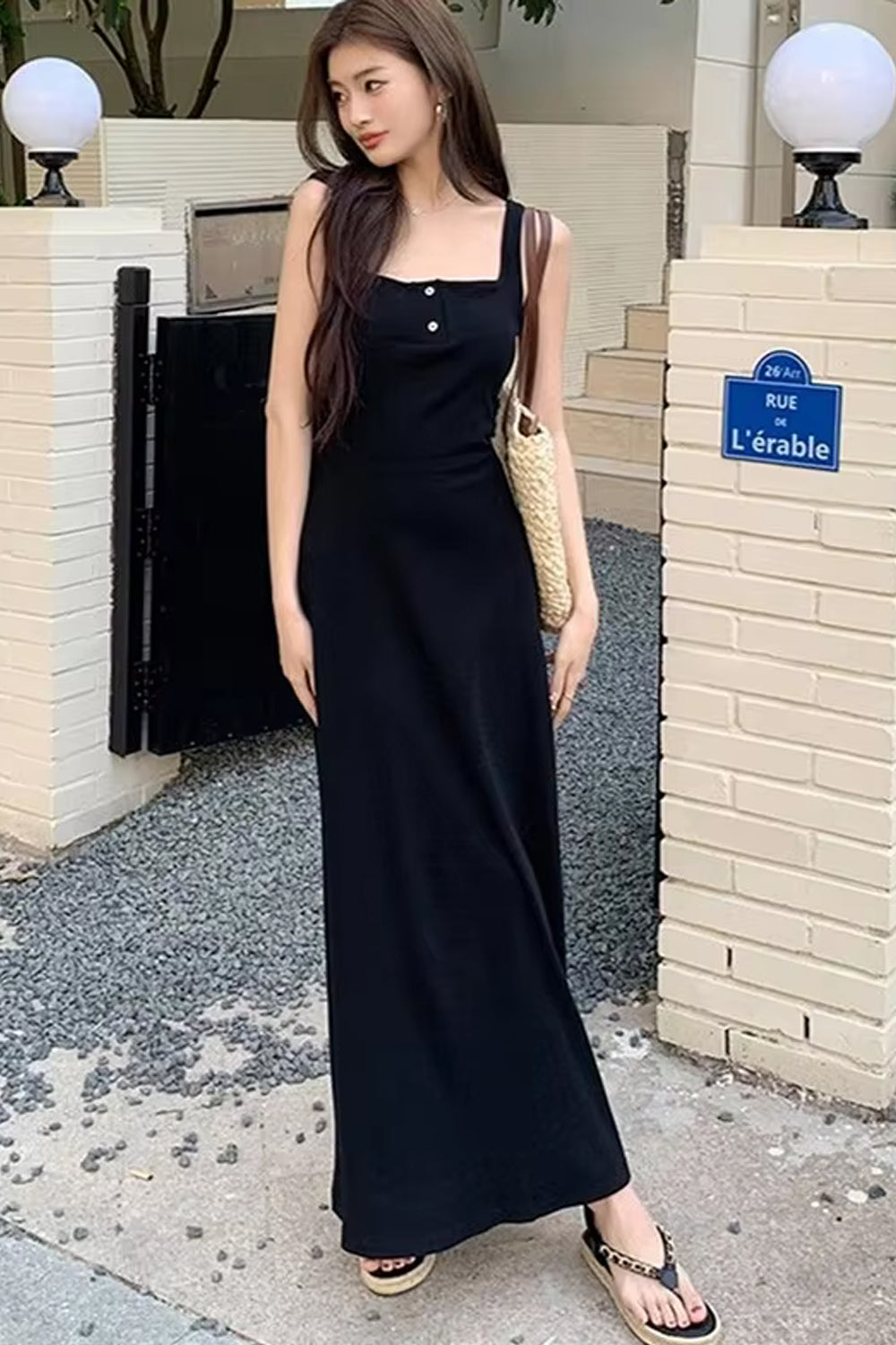 Square Collar Buttons Sleeveless Off Shoulder Long Dress