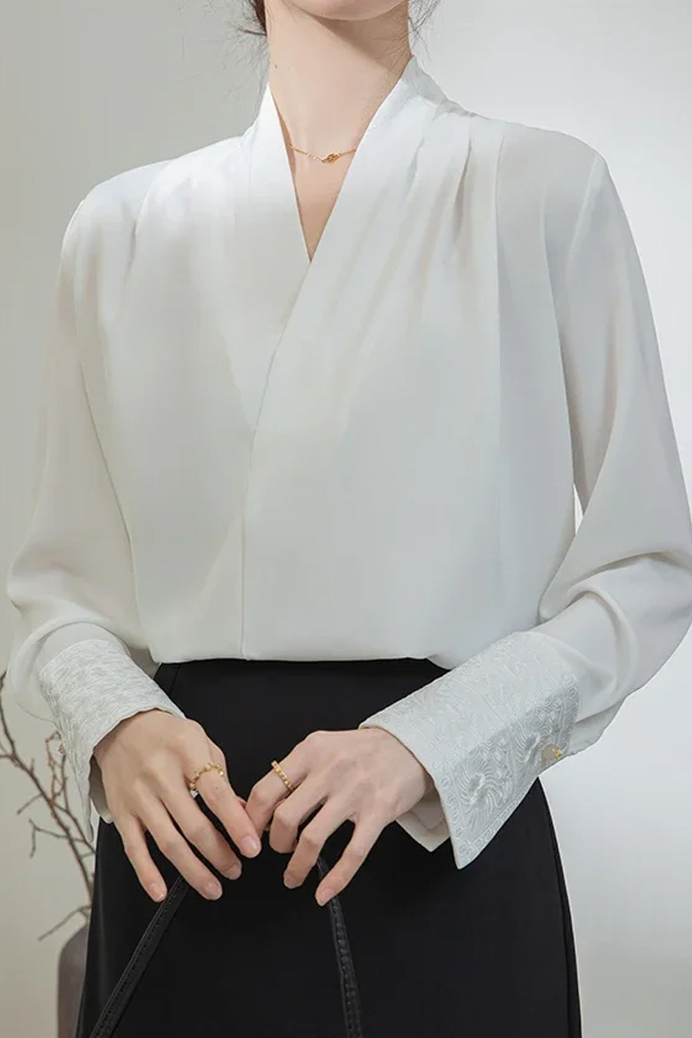 Long Sleeve Cross Neck Elegant Office Blouse Shirt