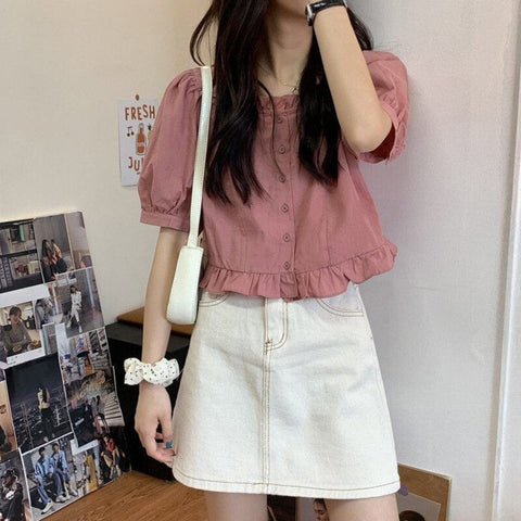 Short Sleeve Ruffle Design Blouse Shirts