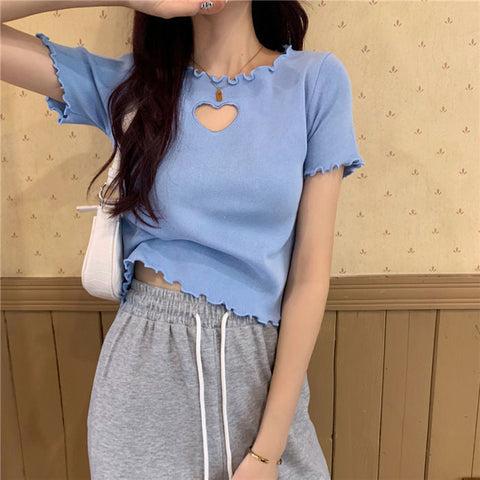 Love Hole Pattern Cropped Slim Shirt
