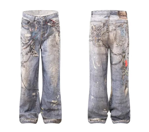 Loose 3D Chain Realistic Printed Jeans Pants