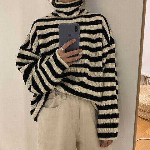 Retro Striped Loose Turtleneck Sweater