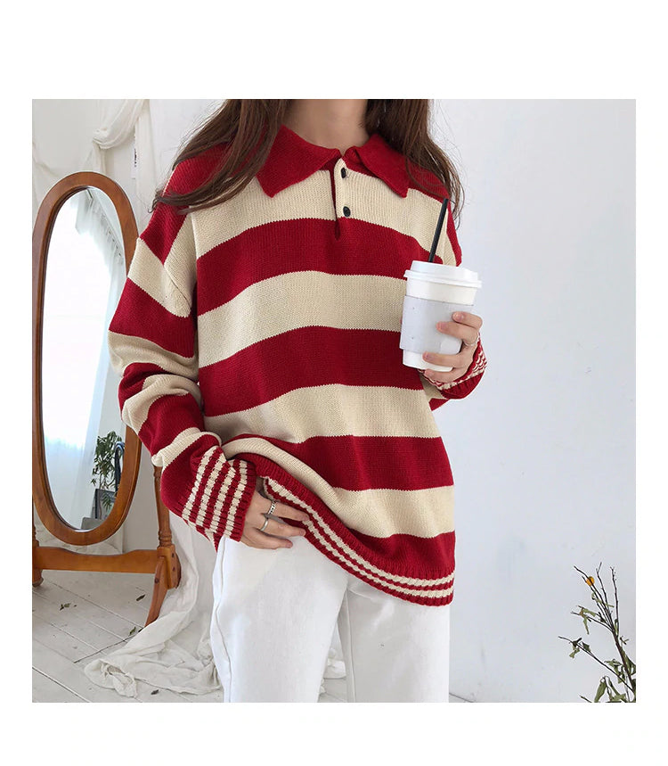 Color Stripe Casual Turn-Down Collar Knitted Sweater