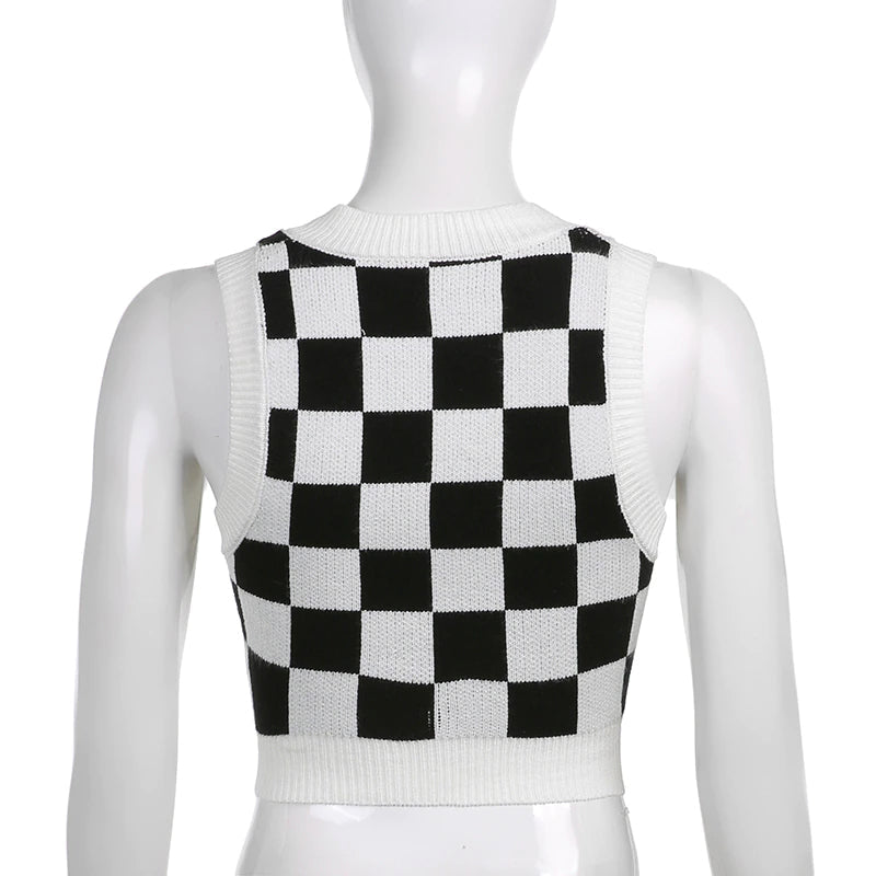 Checkered Printed Crop Tops Slim Sweater