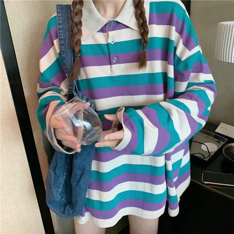 Striped Turn Down Collar Long Sleeve Shirt