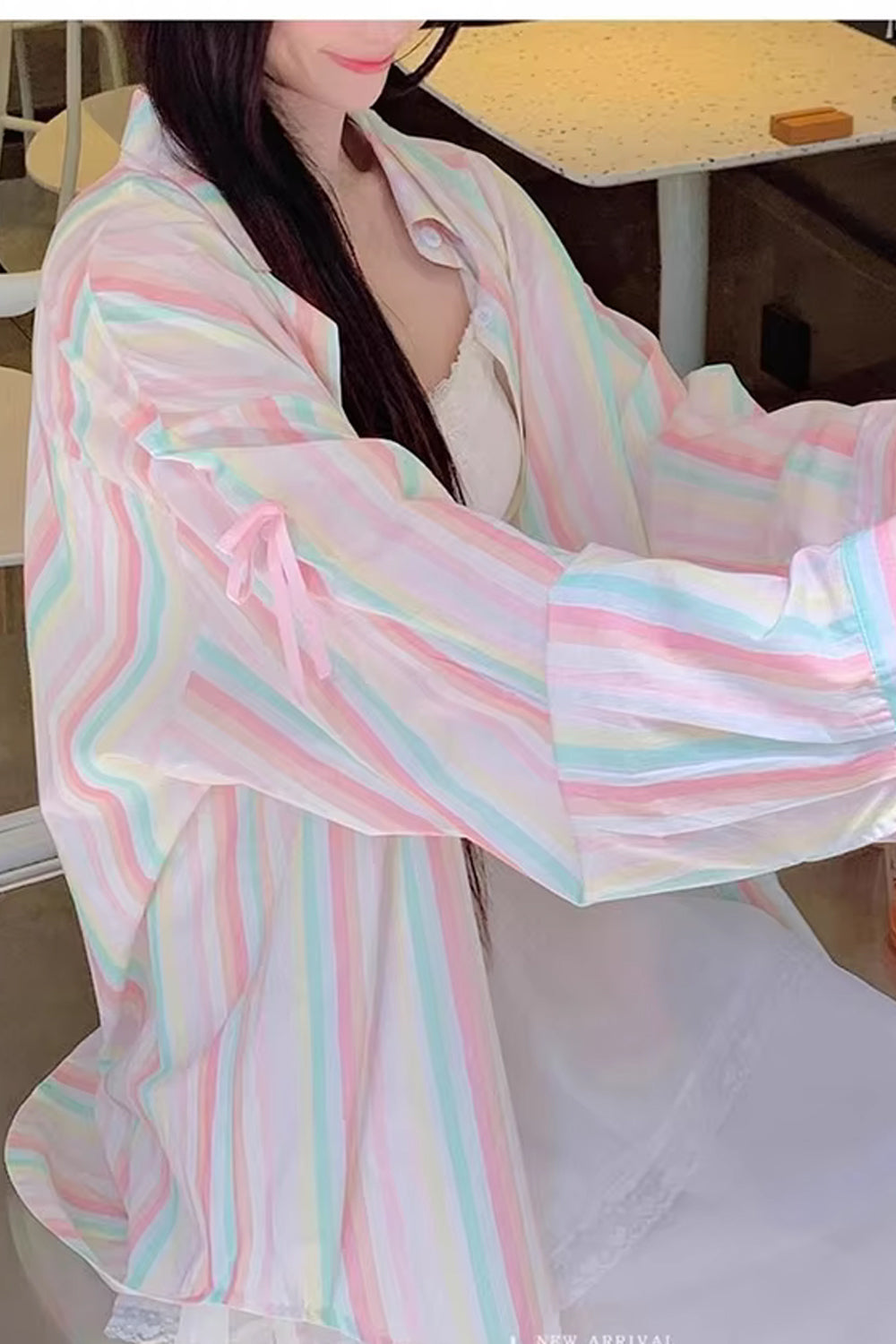 Long Sleeve Rainbow Striped With Cute Bow Blouse Shirt