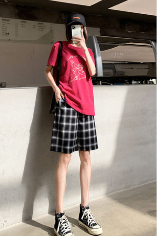 High Waist Casual Color Plaid Cotton Summer Shorts Pants