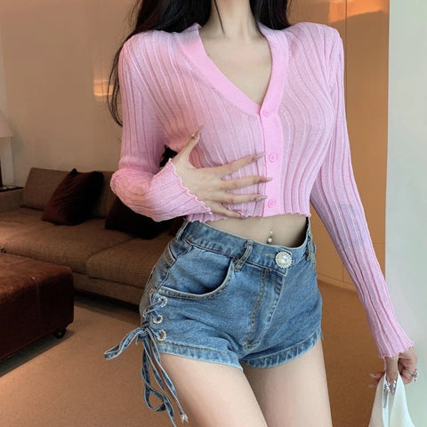 Long Sleeve V-Neck Cropped Sweater