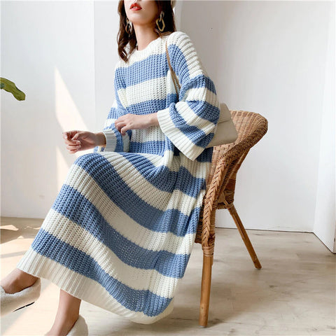 Loose Long Striped Crew Neck Knitted Dress